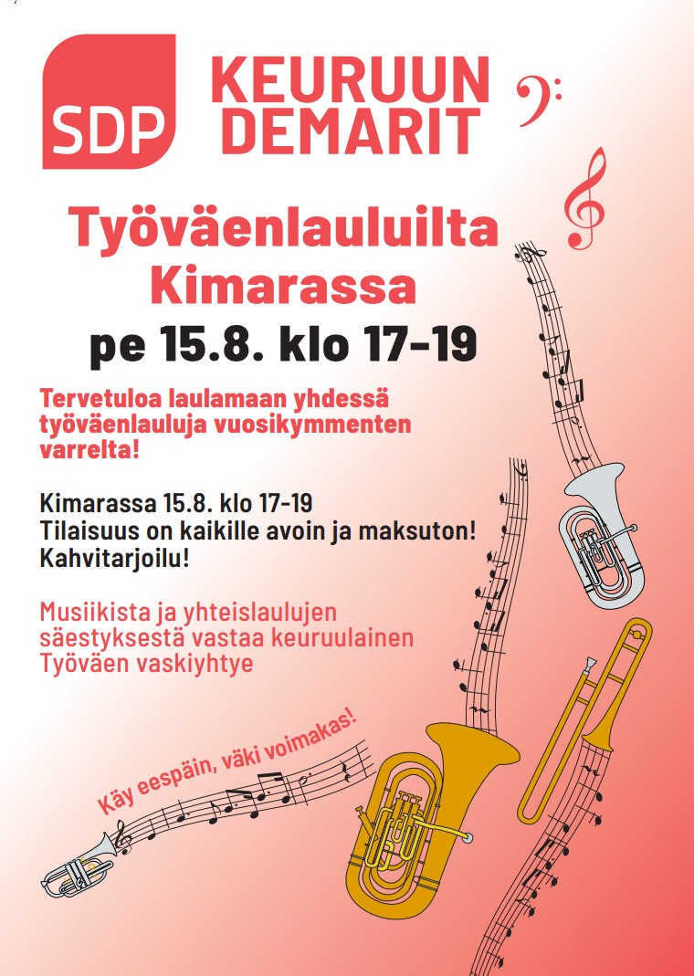 Työväenlauluilta Kimarassa 15.8.25 klo 17-19